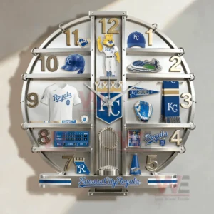 Kansas City Royals themed wall clock hanging near a door highlighting team pride and decorative impact!