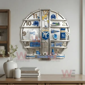 Kansas City Royals decorative wall clock presented as a premium baseball decor centerpiece for fans and collectors!