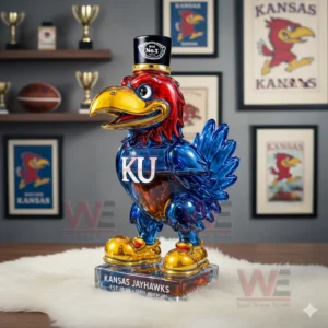 Jayhawk shaped Kansas bottle on white fur with trophies basketballs and framed team posters in the room!