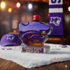 A Wildcats themed bottle placed on a fluffy rug with purple accessories and soft lighting in the background!