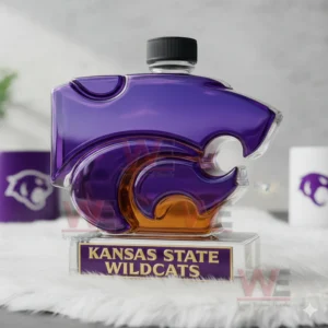 Kansas State Wildcats Custom Whiskey Bottle 8 A purple Wildcats bottle placed on a soft rug with simple background elements emphasizing the logo shape!
