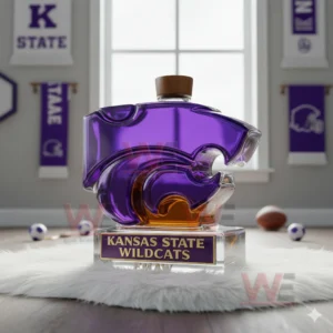 Kansas State Wildcats Custom Whiskey Bottle 9 A purple Wildcats bottle resting on a fluffy rug with banners and sports balls surrounding it!