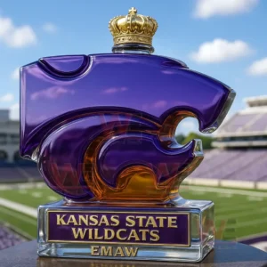 Purple wildcat shaped whiskey bottle with crown cap displayed in a sports stadium!