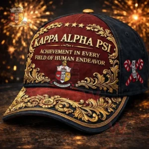 Burgundy and black Kappa Alpha Psi baseball cap with gold decorative embroidery crest and achievement slogan on the front!