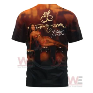 Back view of black music shirt with tropical female performer design and artistic style!
