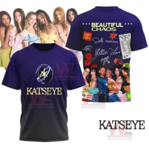 Purple KATSEYE shirt with front logo design and detailed back artwork celebrating the group style!