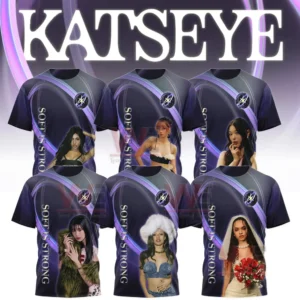 Multiple Katseye inspired shirts with artistic portraits soft color gradients and a strong empowering theme presented in a clean layout!