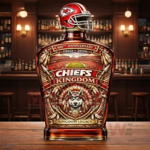 Chiefs anniversary whiskey bottle with helmet top and detailed label standing on a bar counter!