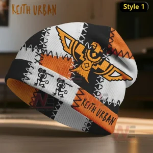 A tribal themed Keith Urban beanie with patchwork colors and a bold eagle emblem.