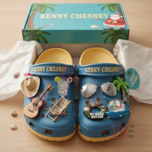 Kenny Chesney Crocs Clogs with Charms 4 Blue Kenny Chesney clogs placed inside a branded gift box with beach themed charms!