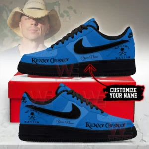 Blue and black custom sneakers with Kenny Chesney text and personalized name shown on a shoe box!