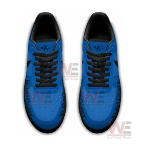 Kenny Chesney Custom No Shoes Nation Air Force 1 Shoes 5 Pair of blue sneakers seen from above with black laces and Kenny Chesney name!