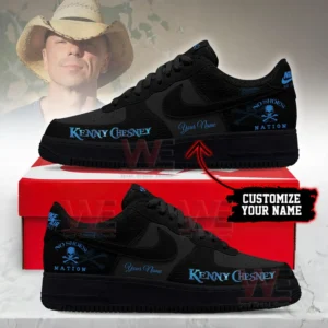 Kenny Chesney Custom No Shoes Nation Air Force 1 Shoes 7 Black custom sneakers with Kenny Chesney branding and personalized name shown on a shoe box!