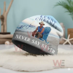 Kenny Chesney Sphere Las Vegas Beanie Hat cap 9 White and gray Kenny Chesney beanie with beach scene and Never Say Never text.