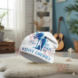 Kenny Chesney Sphere Las Vegas Beanie Hat cap 11 White Kenny Chesney beanie with blue silhouette and palm tree design on a fluffy surface.