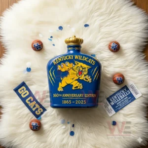 A blue Wildcats bottle lies on a soft rug with mini basketballs and fan accessories nearby!