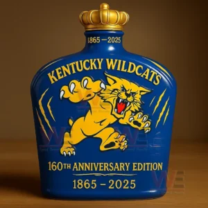 A Kentucky Wildcats bottle with a bright wildcat design is displayed on a wooden surface with warm light behind it!