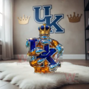 A claw accented Wildcats bottle with a crown top rests on a fluffy white rug in a bright room displaying UK themed wall decor!