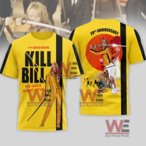 Yellow Kill Bill shirt front with character in yellow jumpsuit holding a sword.