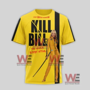 Kill Bill 20th Anniversary Shirt 5 Close view of yellow Kill Bill shirt front with bold title and sword holding character.