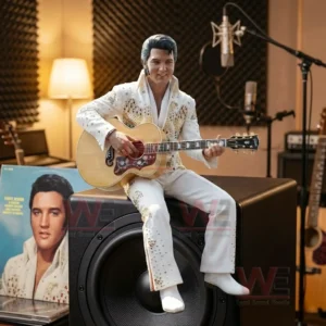 A musician figure in a white stage outfit playing guitar while sitting on a speaker in a studio!