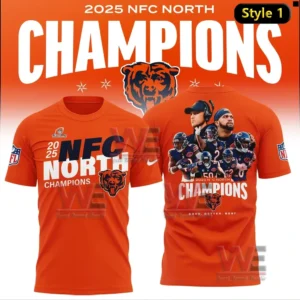 Orange t shirt shown front and back with 2025 NFC North Champions text on the front and a large player collage graphic with Champions title and bear logo on the back.