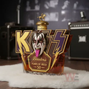 Kiss themed bottle with lightning shapes and face design on white fur in a music studio.
