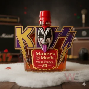 Kiss 50 Years Of Rock Custom Whiskey Bottle 5 Rock themed bottle with stylized face and lightning shapes on white fur with studio equipment.