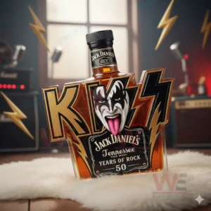 Kiss 50 Years Of Rock Custom Whiskey Bottle 6 Kiss themed bottle with lightning frame and face emblem on white fur in a music studio.