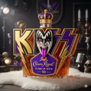 Kiss 50 Years Of Rock Custom Whiskey Bottle 7 Crowned Kiss themed bottle with purple and gold lightning shapes on white fur in a rock decor room.