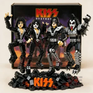 Brick built Kiss band figures standing on a black display base with band logo and concert style backdrop!