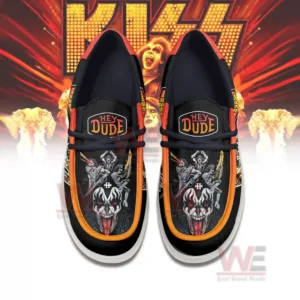 Front view of black shoes with orange trim and illustrated band themed artwork!