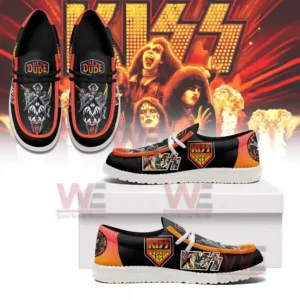 Multiple views of black and orange shoes with band themed graphics shown against a vibrant background!