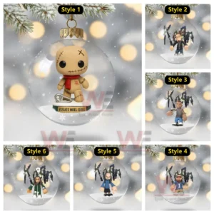 Multiple clear baubles each holding a small character figure displayed with winter themed lighting!