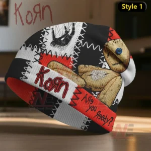 Beanie with patchwork colors and a stitched doll graphic featuring the Korn name on the front!