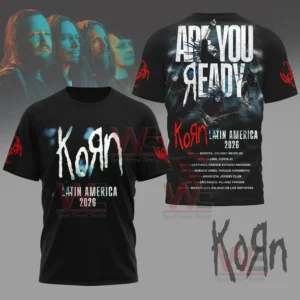 Black Korn tour shirt with the band name on the front and tour artwork with dates on the back!