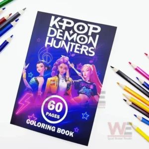 A Kpop themed coloring book with three animated characters on the cover placed among colored pencils!