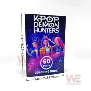 A standing coloring book with printed dimensions and a colorful illustrated cover!