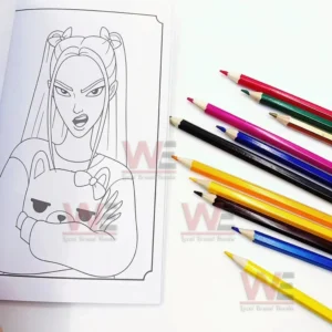 An open coloring book showing a line art character drawing next to colored pencils!