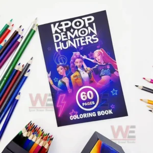 A coloring book on a white surface surrounded by assorted colored pencils!