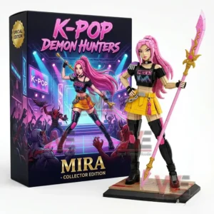 Brick inspired collectible figure with pink hair and fantasy weapon posed next to its themed box in a studio setting!