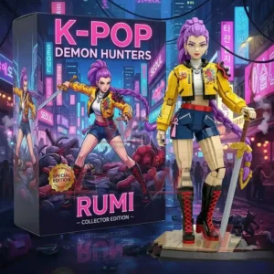 Brick building figure of Rumi displayed next to a themed box in a futuristic city setting!