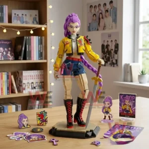 Brick building character figure displayed in a cozy room setting with themed accessories!