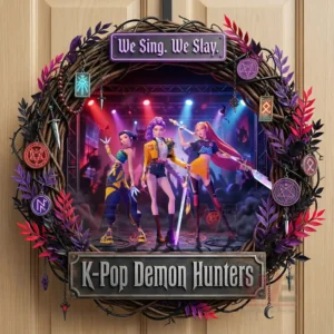 Decorative wreath with K Pop Demon Hunters characters on a concert stage framed by branches charms and leaves with bold fantasy and music theme!