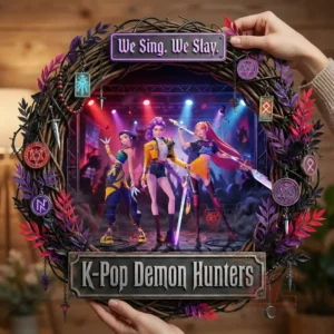 Hand holding a fantasy themed wreath featuring K Pop Demon Hunters stage performance framed by decorative branches and magical details!