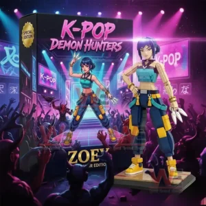 Brick building collectible figure of a KPOP Demon Hunters character posed confidently next to a colorful collector box featuring stage lights demons and action artwork!