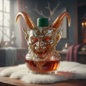 A horned Krampus bottle placed on a fluffy rug with a dark wooden interior and misty lighting behind it!