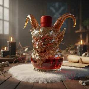 HOT Krampus Whiskey Bottle 6 A Krampus bottle resting on a soft rug with scattered ritual like objects and warm candlelight around it!