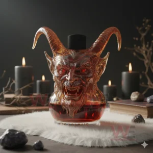 HOT Krampus Whiskey Bottle 7 A Krampus bottle on a fluffy rug surrounded by stones candles and twisted branches!