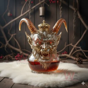 HOT Krampus Whiskey Bottle 8 A crowned Krampus bottle resting on a soft rug surrounded by wood textures and seasonal decor!